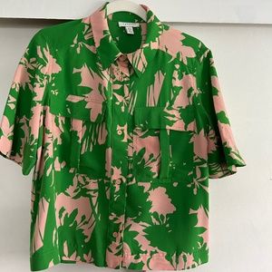 TOPSHOP Camp Shirt Pink/Green Abstract floral (ish) print, US Sz 8 Never Worn